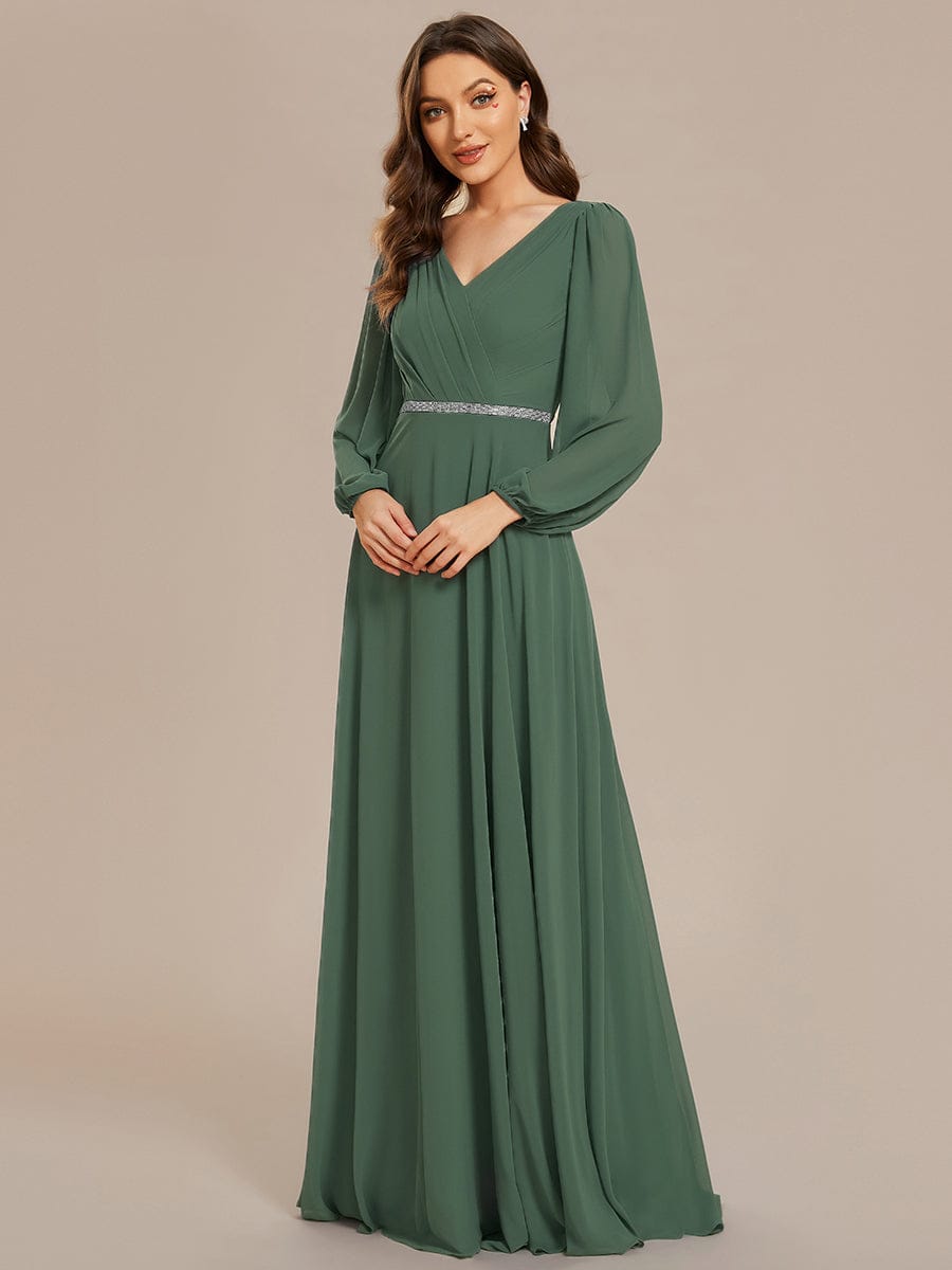 Pleated Double V-Neck Long Sleeves Shiny Belt Chiffon Evening Dress #color_EUcalyptus