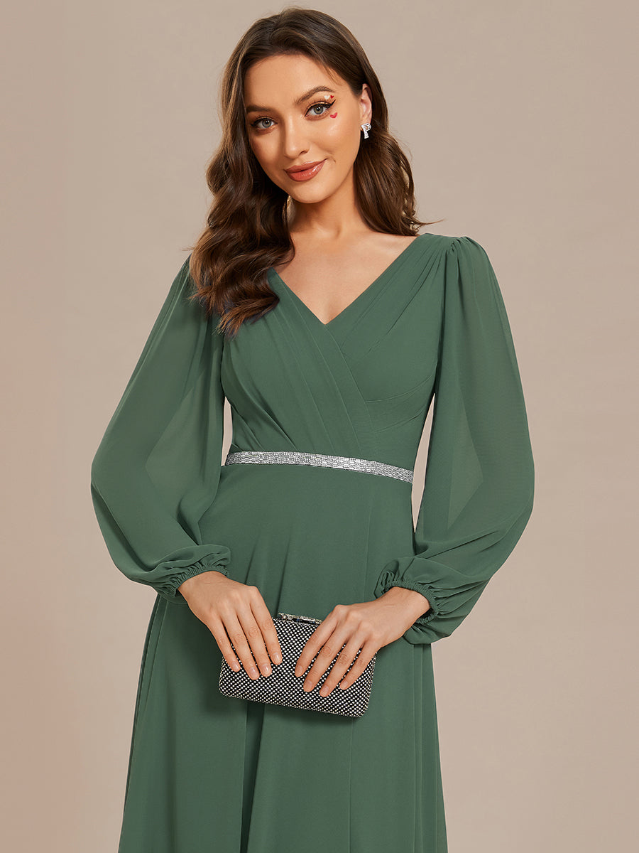 Pleated Double V-Neck Long Sleeves Shiny Belt Chiffon Evening Dress #color_EUcalyptus