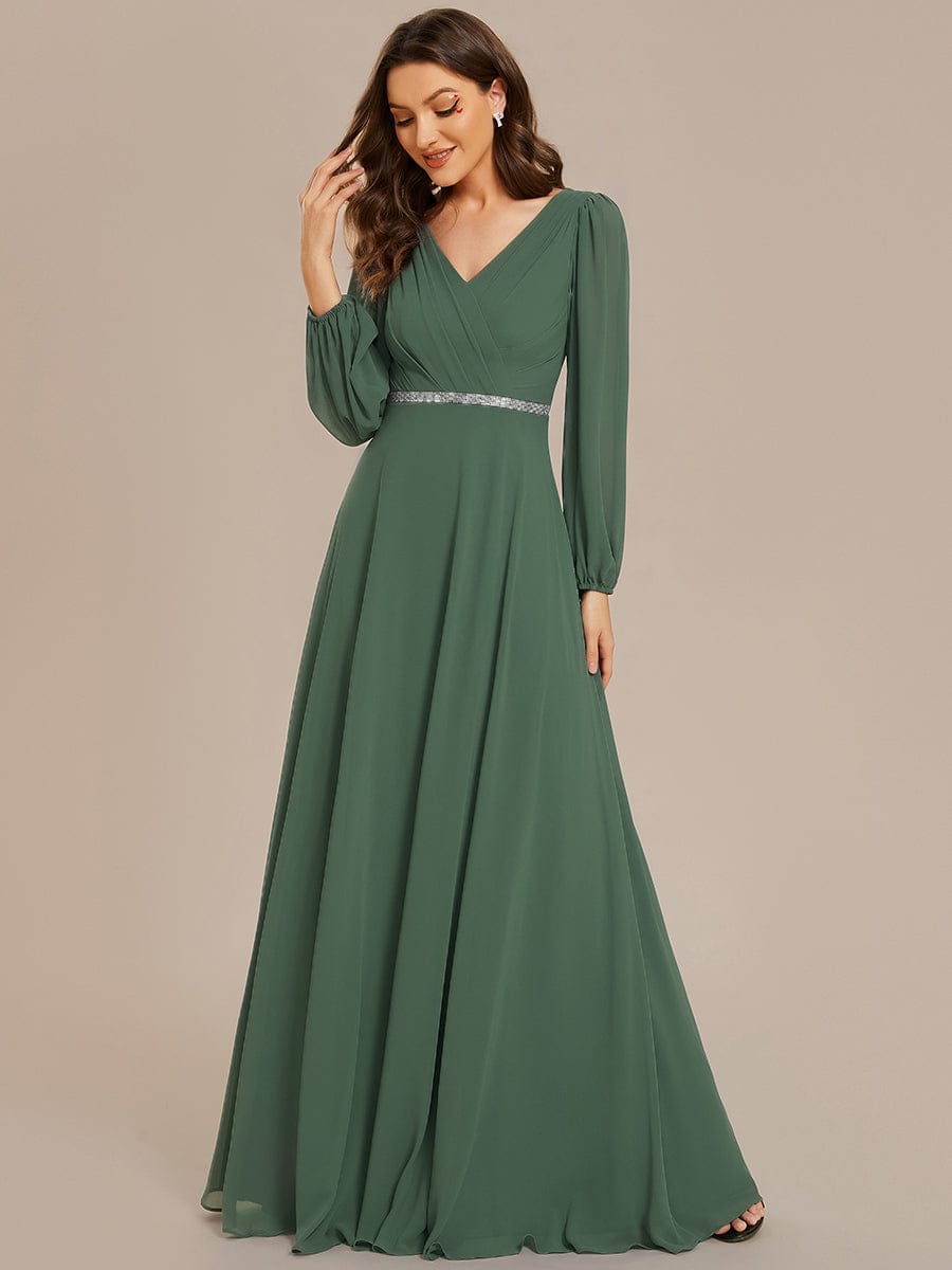 Pleated Double V-Neck Long Sleeves Shiny Belt Chiffon Evening Dress #color_EUcalyptus