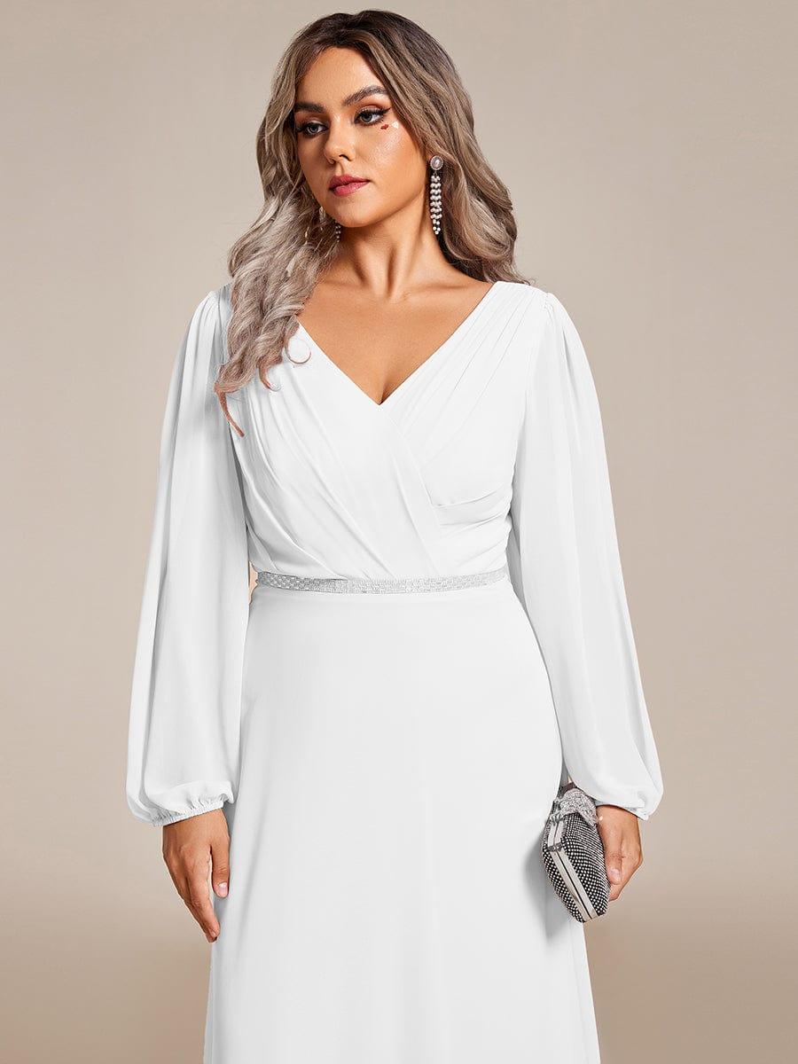 Plus Size A-Line V-Neck See-Through Long Sleeves Shiny Belt Chiffon Evening Dress #color_White