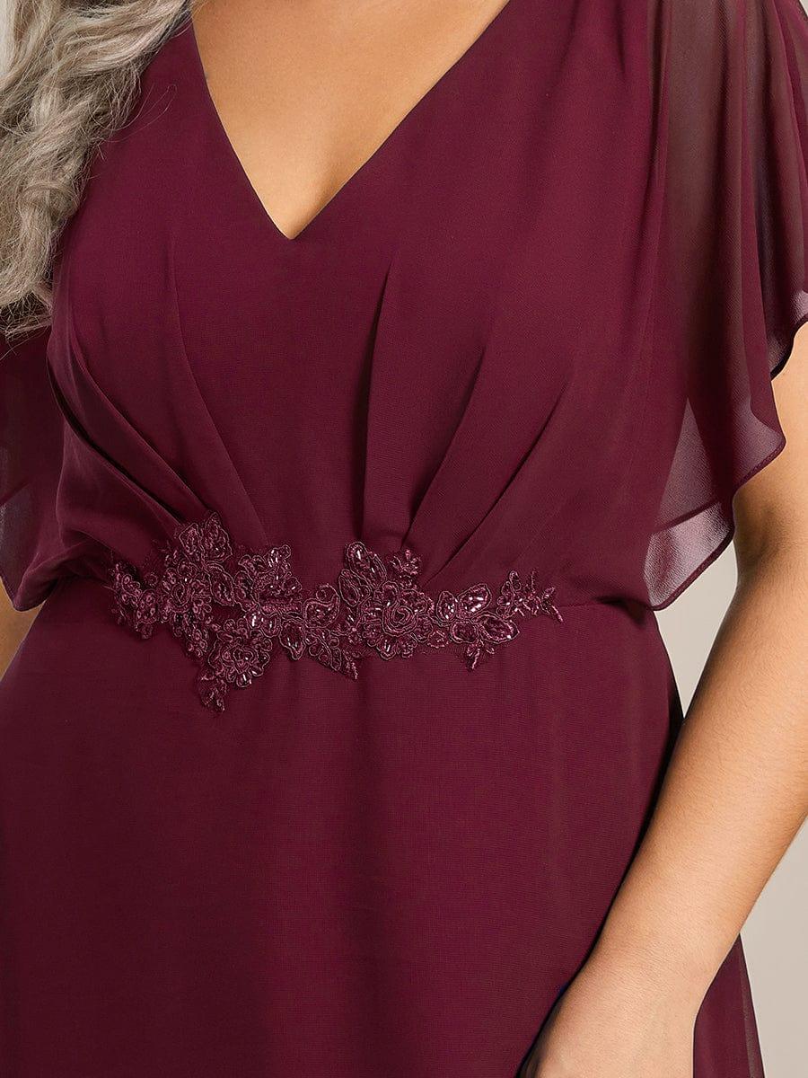 Plus Size V-Neck Chiffon Bat-Wing Sleeve A-Line Waist Applique Formal Dress #color_Burgundy