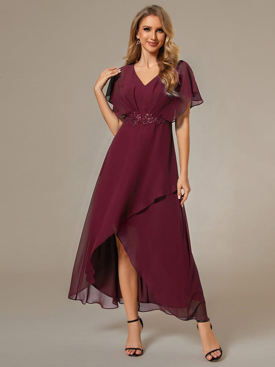Plus Size V-Neck Chiffon Bat-Wing Sleeve A-Line Waist Applique Formal Dress #color_Burgundy