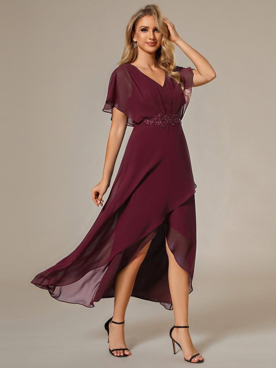 Plus Size V-Neck Chiffon Bat-Wing Sleeve A-Line Waist Applique Formal Dress #color_Burgundy