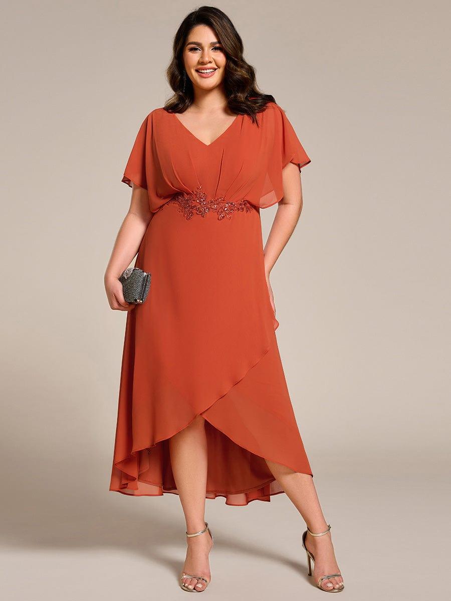 Plus Size Chiffon Midi A-Line Ruffle Sleeves Bridesmaid Dress #color_Burnt Orange
