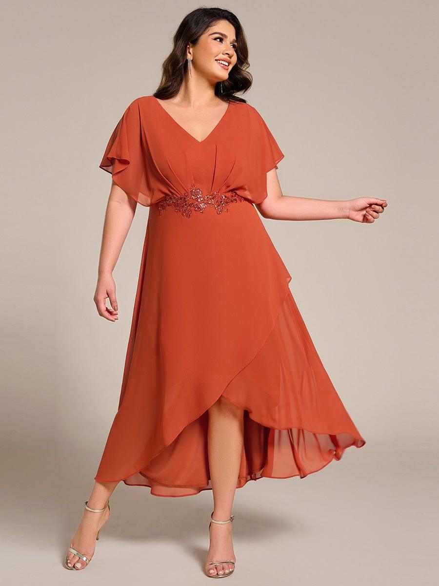 Plus Size Chiffon Midi A-Line Ruffle Sleeves Bridesmaid Dress #color_Burnt Orange