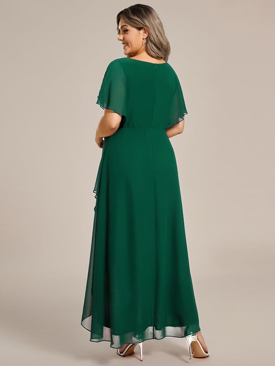 Plus Size V-Neck Chiffon Bat-Wing Sleeve A-Line Waist Applique Formal Dress #color_Dark Green