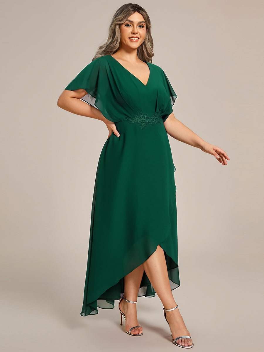 Plus Size V-Neck Chiffon Bat-Wing Sleeve A-Line Waist Applique Formal Dress #color_Dark Green