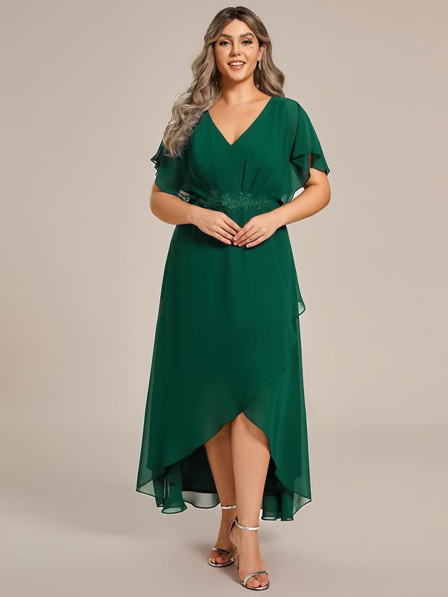 Plus Size V-Neck Chiffon Bat-Wing Sleeve A-Line Waist Applique Formal Dress #color_Dark Green