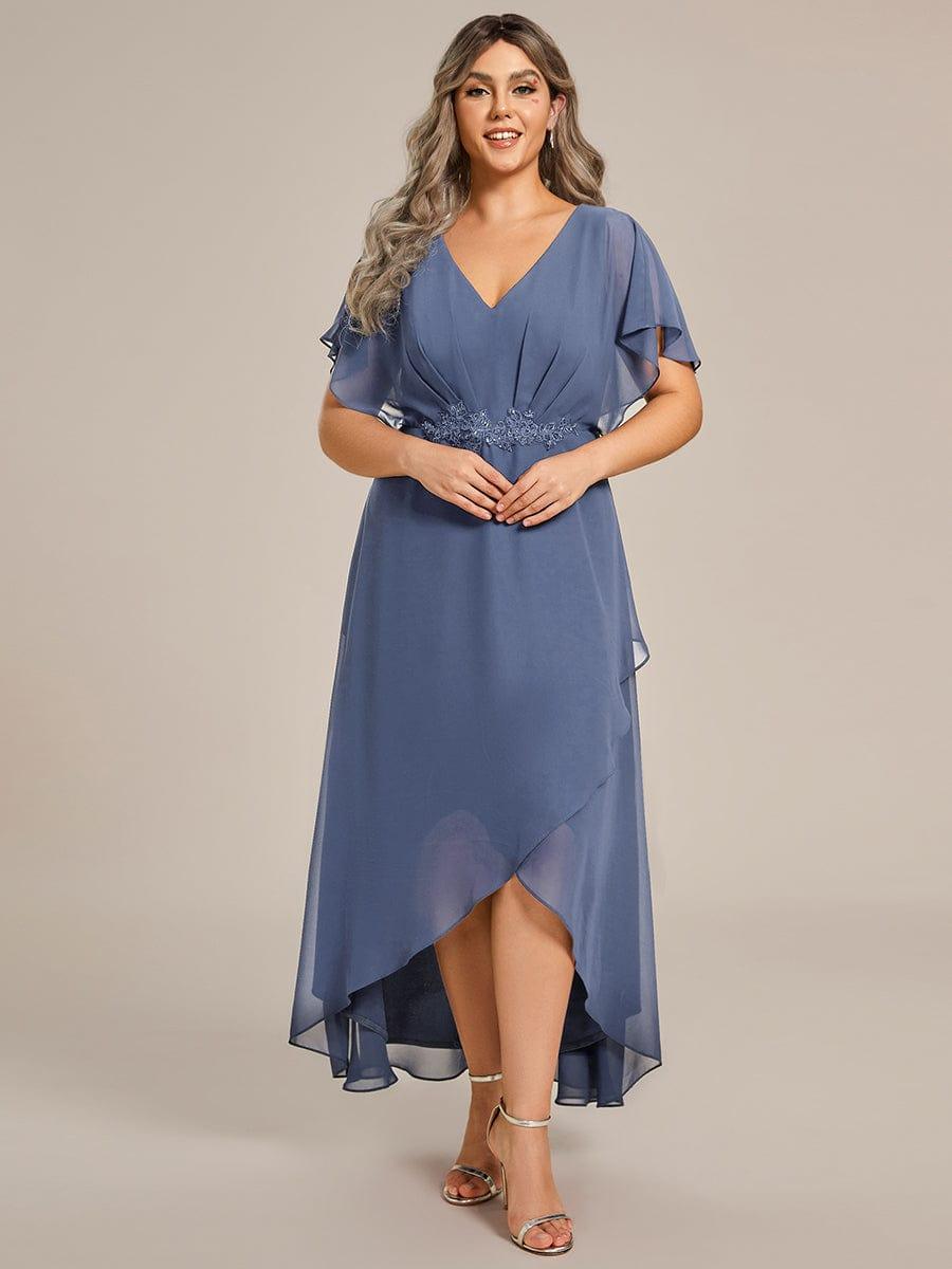 Plus Size Chiffon Midi A-Line Ruffle Sleeves Bridesmaid Dress #color_Dusty Blue