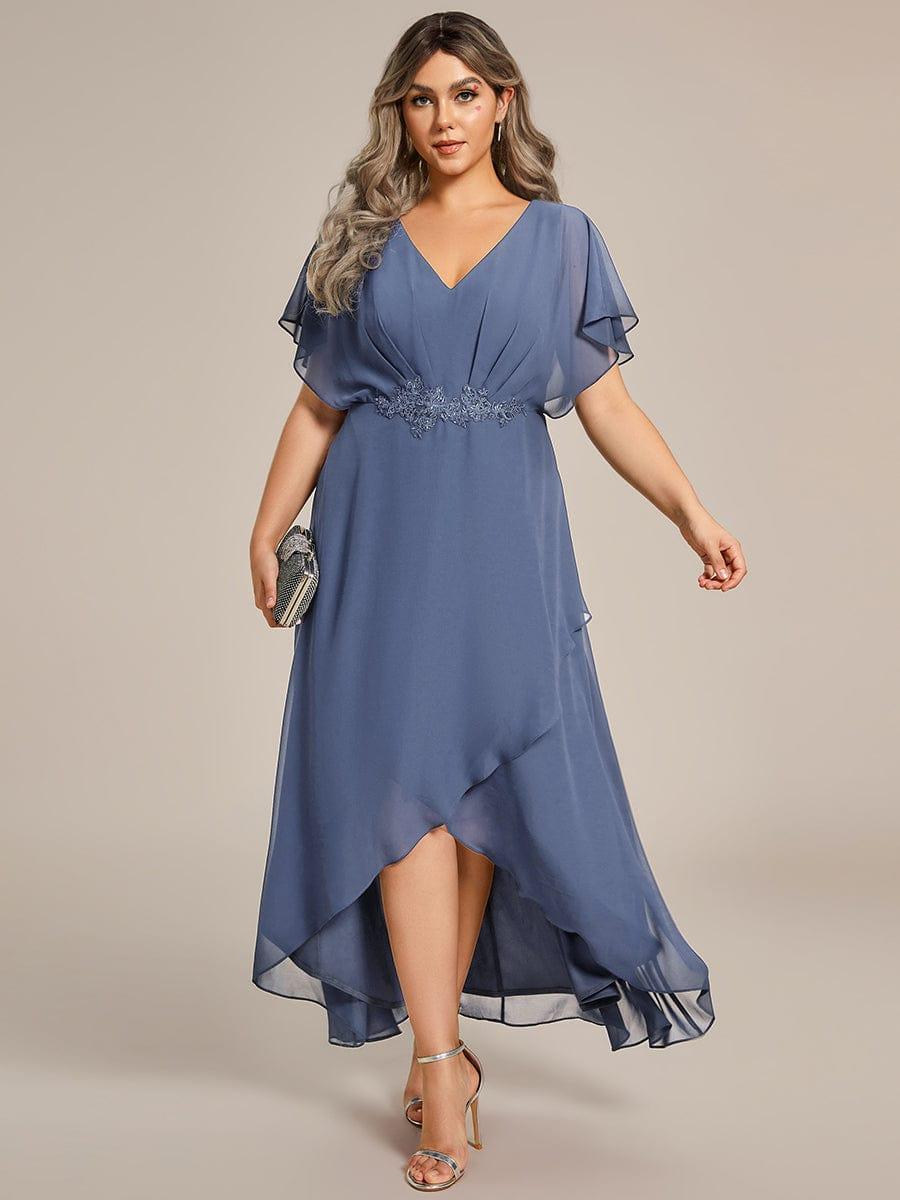 Plus Size Chiffon Midi A-Line Ruffle Sleeves Bridesmaid Dress #color_Dusty Blue