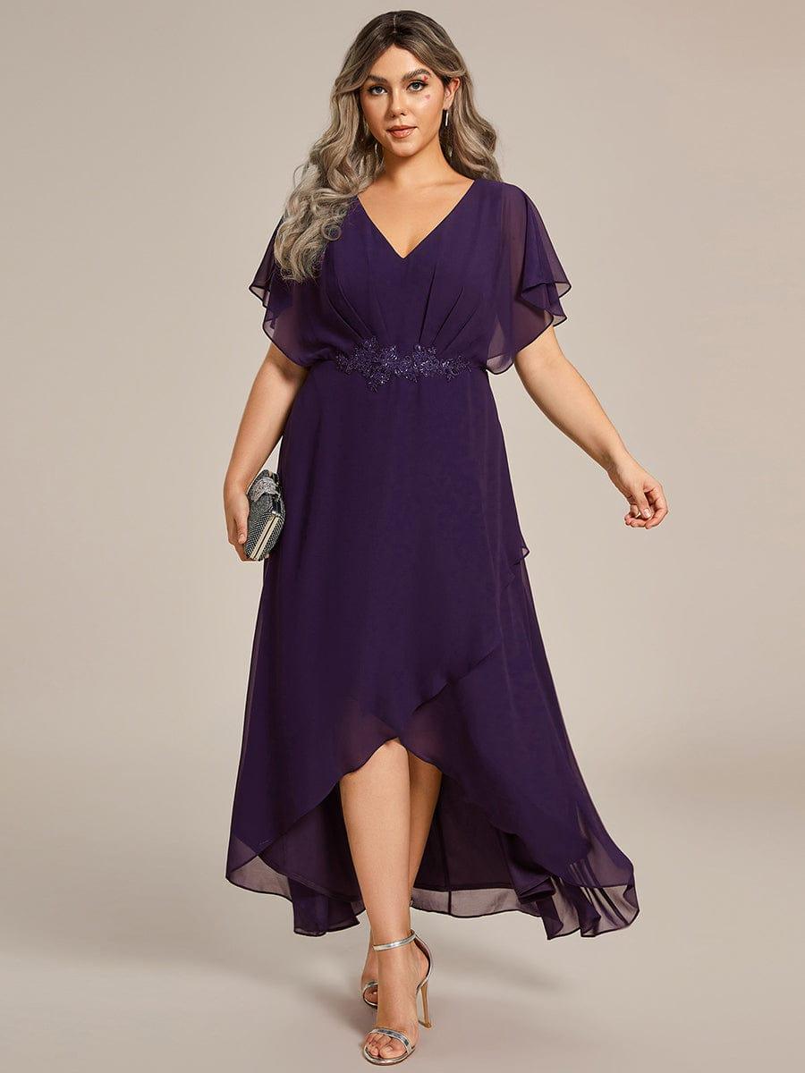 Elegant Short Sleeves A-Line Waist Applique Formal Dress with Lotus Leaf Hem #color_Dark Purple