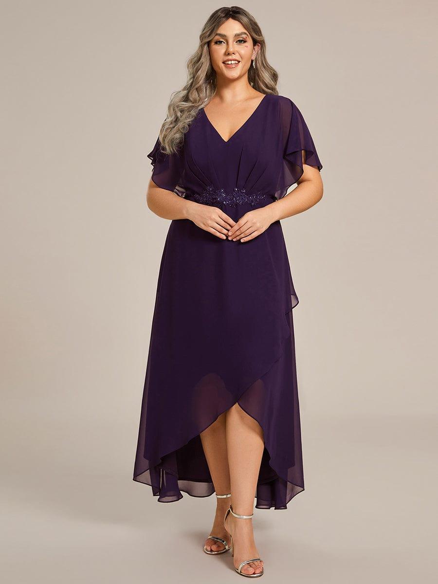 Plus Size Chiffon Midi A-Line Ruffle Sleeves Bridesmaid Dress #color_Dark Purple