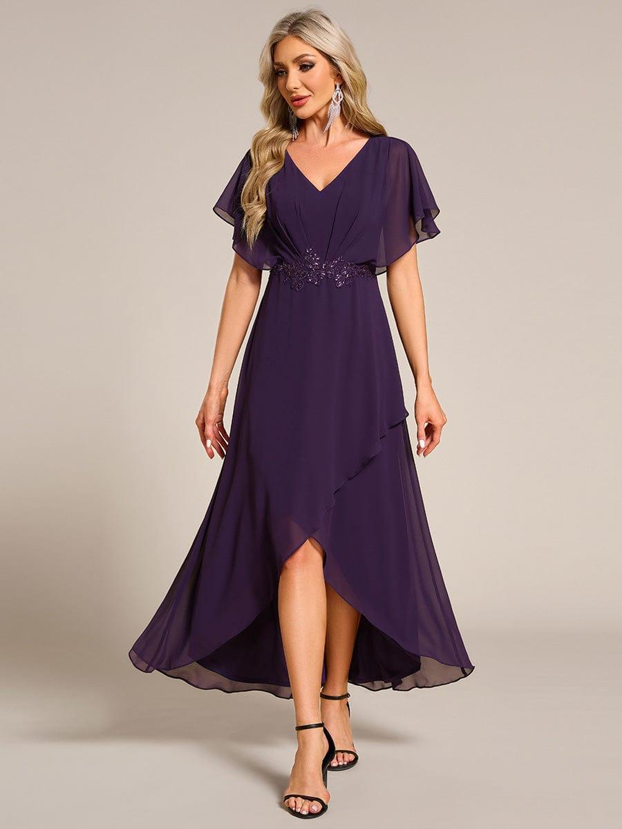 Elegant Short Sleeves A-Line Waist Applique Formal Dress with Lotus Leaf Hem #color_Dark Purple