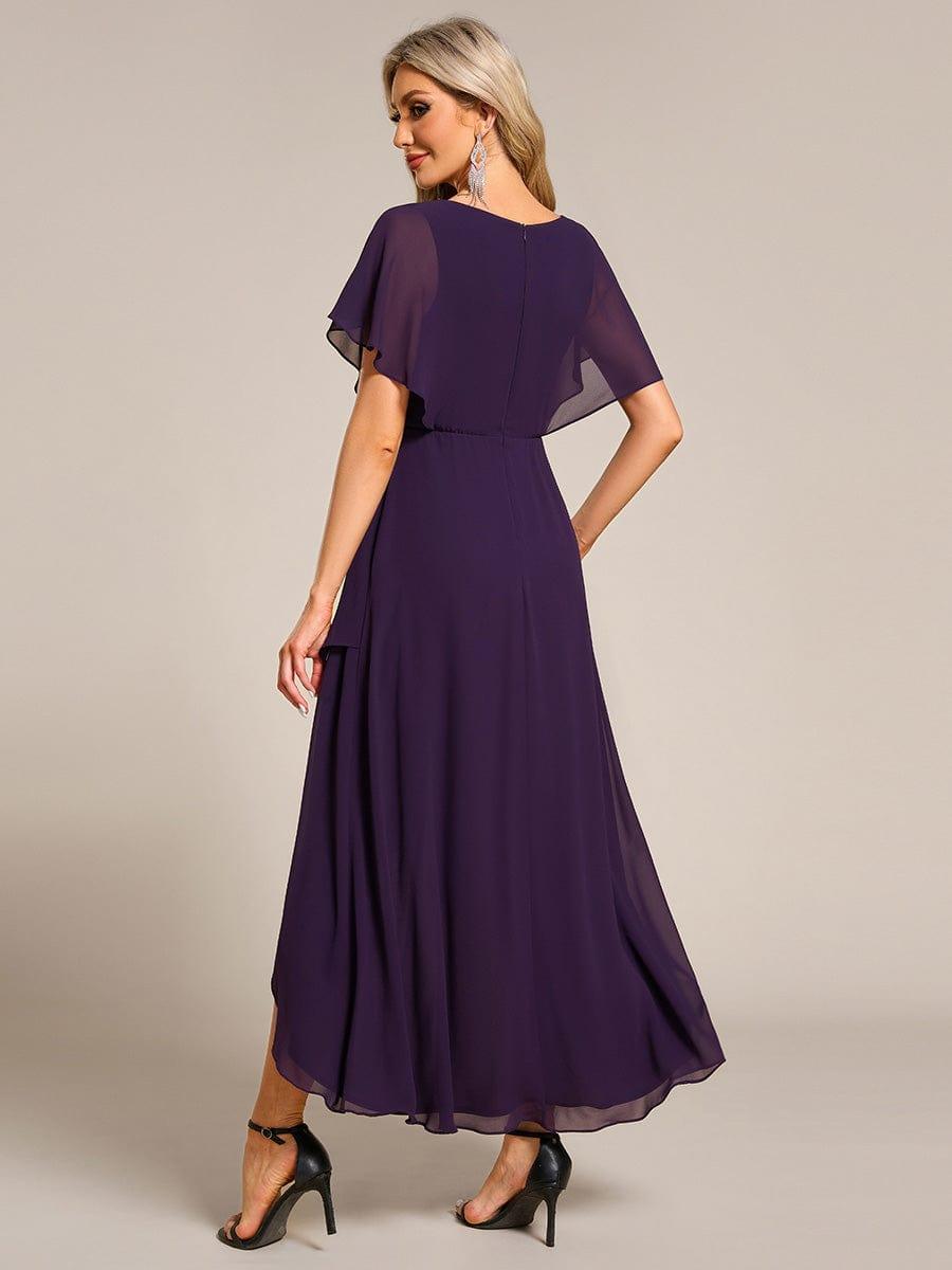 Elegant Short Sleeves A-Line Waist Applique Formal Dress with Lotus Leaf Hem #color_Dark Purple