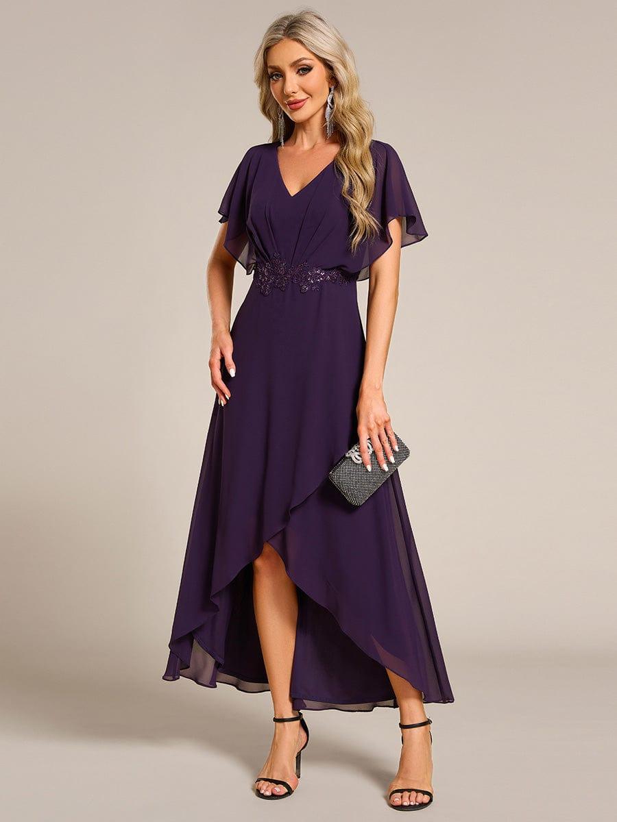 Elegant Short Sleeves A-Line Waist Applique Formal Dress with Lotus Leaf Hem #color_Dark Purple