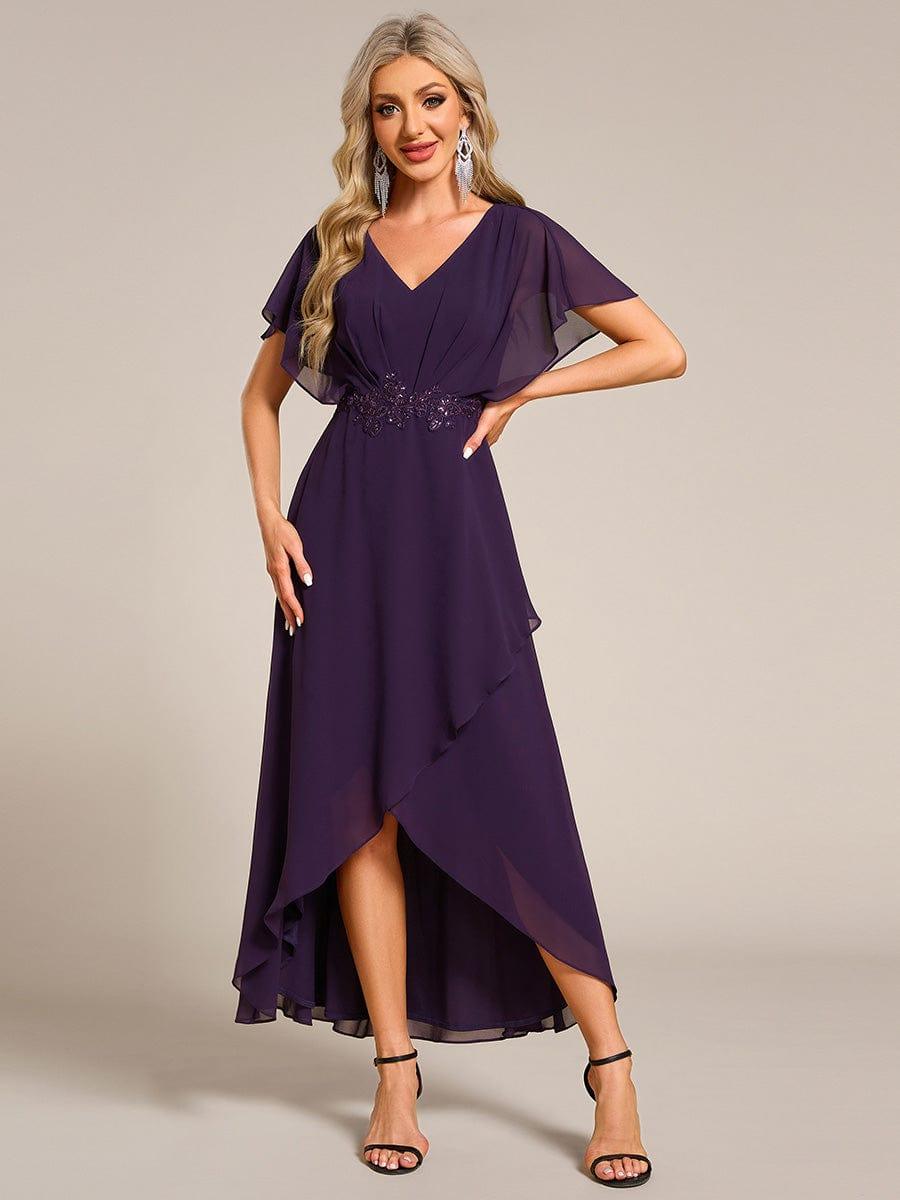 Elegant Short Sleeves A-Line Waist Applique Formal Dress with Lotus Leaf Hem #color_Dark Purple