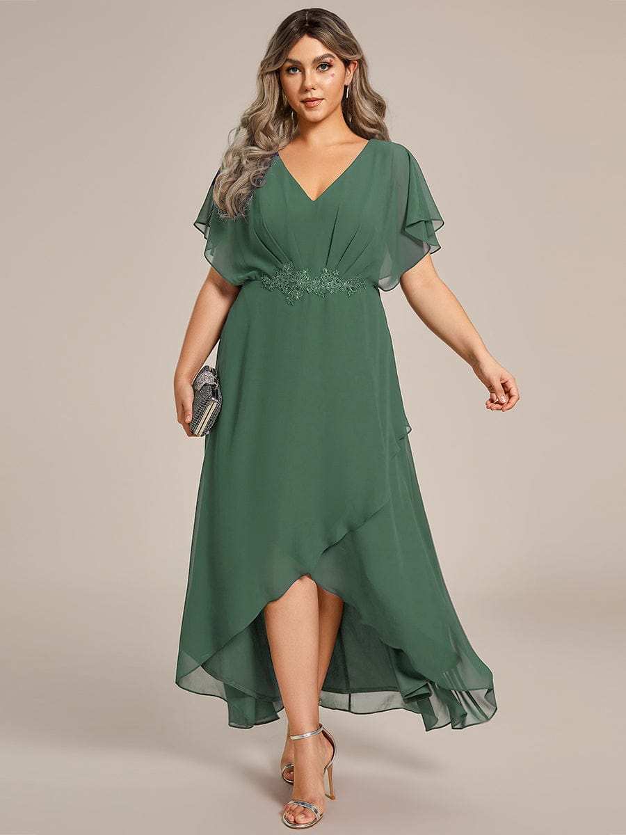 Plus Size V-Neck Chiffon Bat-Wing Sleeve A-Line Waist Applique Formal Dress #color_Eucalyptus