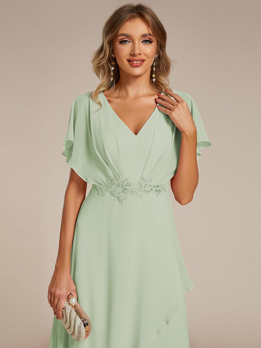 Plus Size V-Neck Chiffon Bat-Wing Sleeve A-Line Waist Applique Formal Dress #color_Mint Green