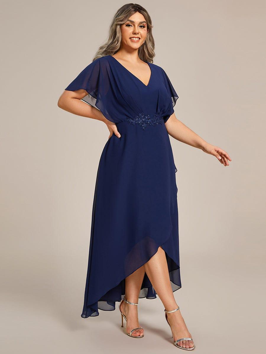 Plus Size Chiffon Midi A-Line Ruffle Sleeves Bridesmaid Dress #color_Navy Blue