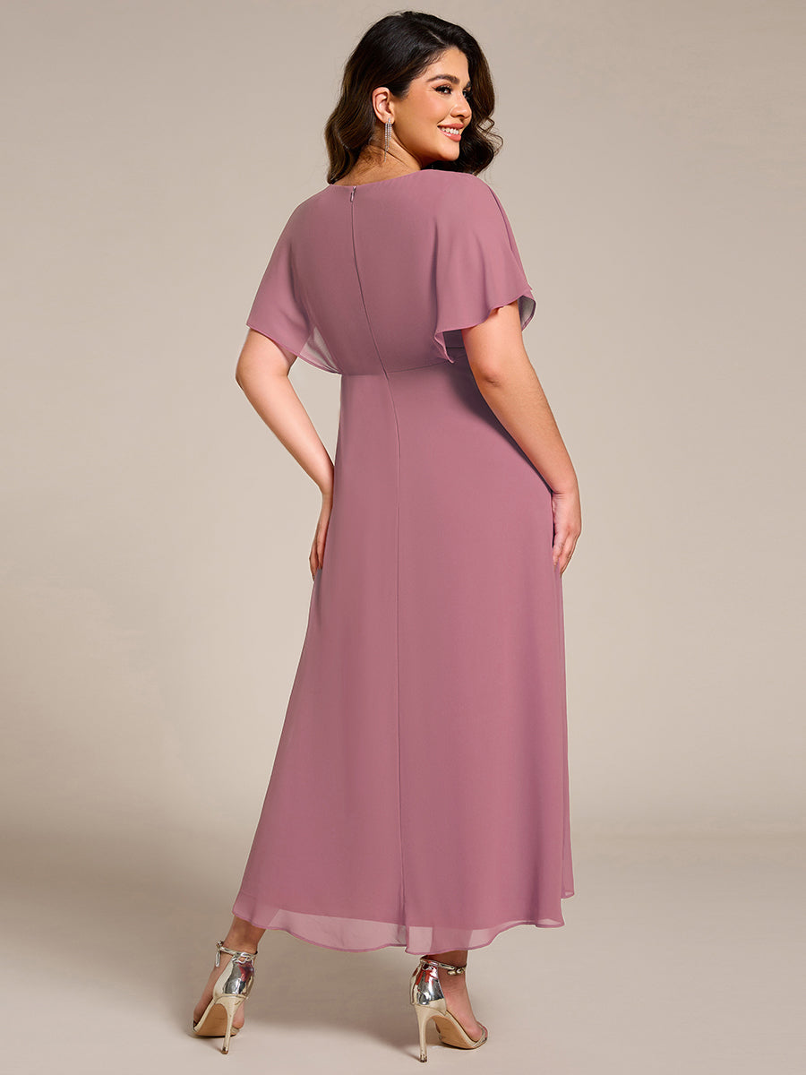 Plus Size V-Neck Chiffon Bat-Wing Sleeve A-Line Waist Applique Formal Dress #color_Purple Orchid