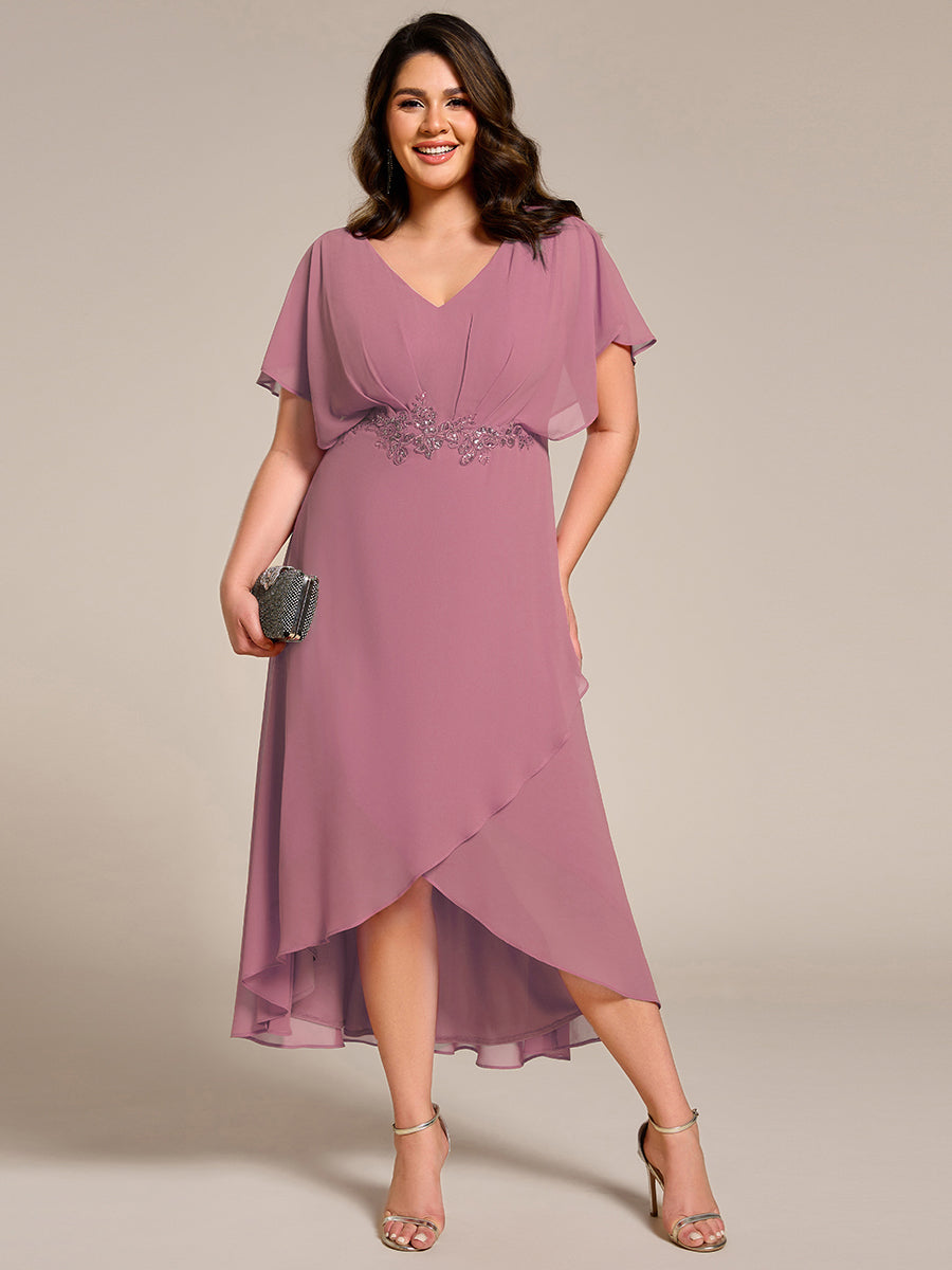 Plus Size V-Neck Chiffon Bat-Wing Sleeve A-Line Waist Applique Formal Dress #color_Purple Orchid