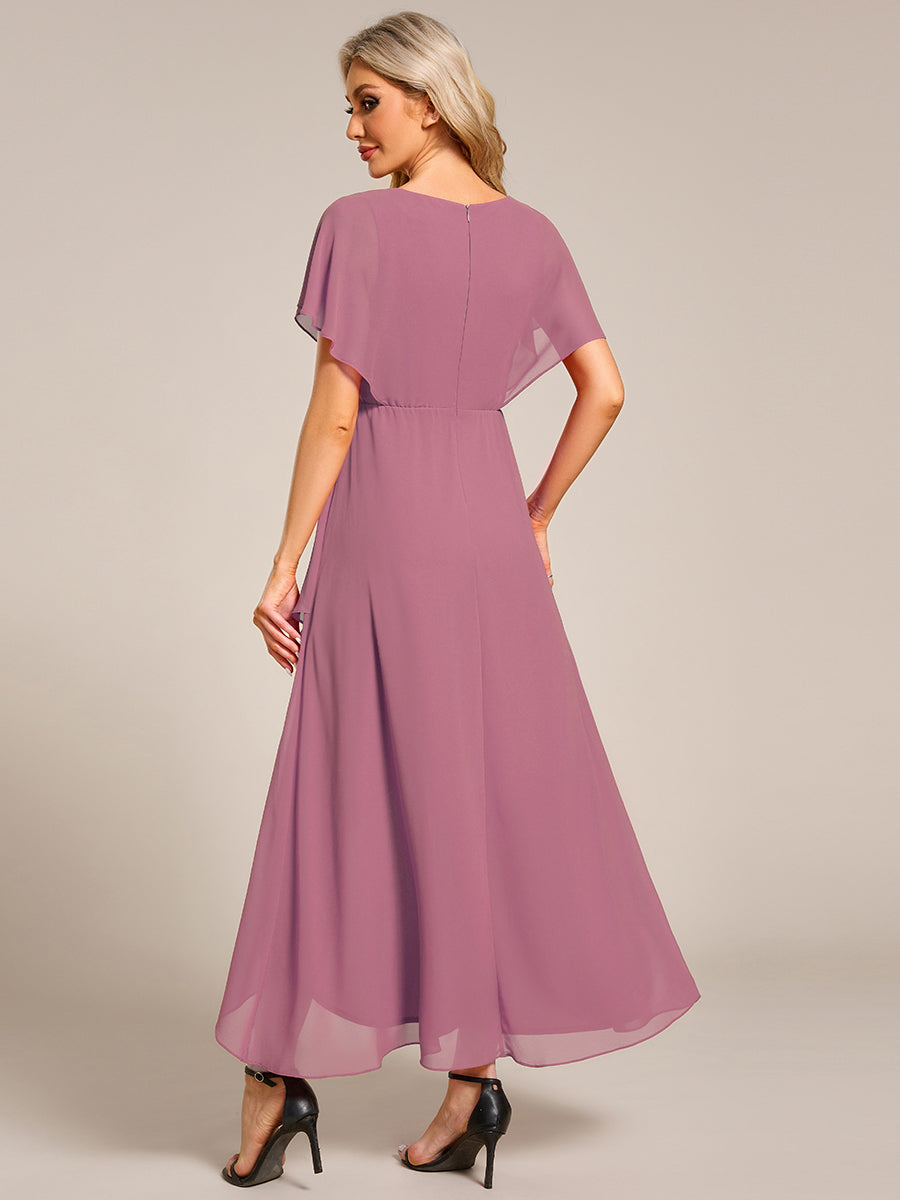Elegant Short Sleeves A-Line Waist Applique Formal Dress with Lotus Leaf Hem #color_Purple Orchid