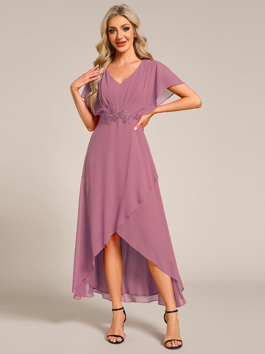 Elegant Short Sleeves A-Line Waist Applique Formal Dress with Lotus Leaf Hem #color_Purple Orchid