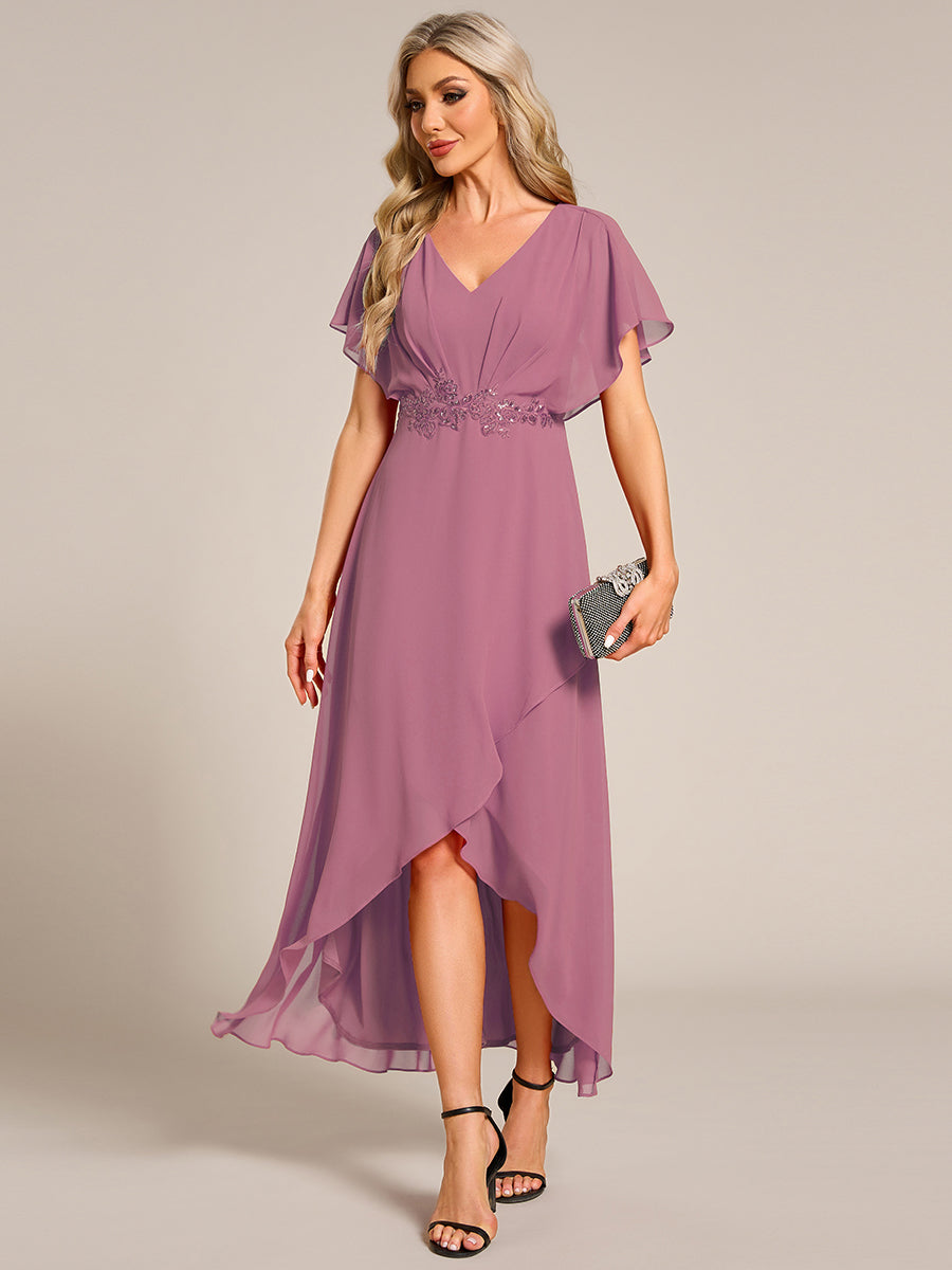 Elegant Short Sleeves A-Line Waist Applique Formal Dress with Lotus Leaf Hem #color_Purple Orchid