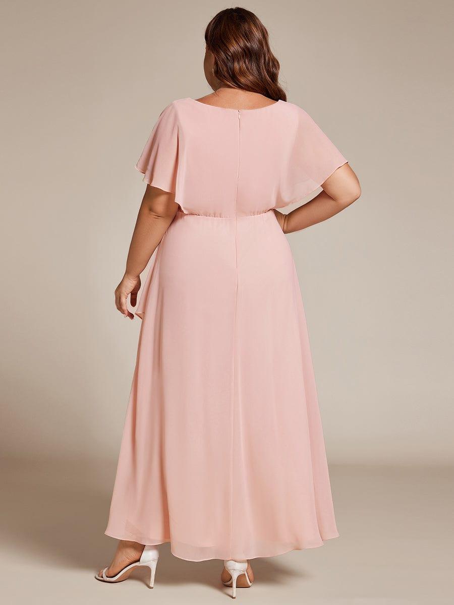 Plus Size Chiffon Midi A-Line Ruffle Sleeves Bridesmaid Dress #color_Pink