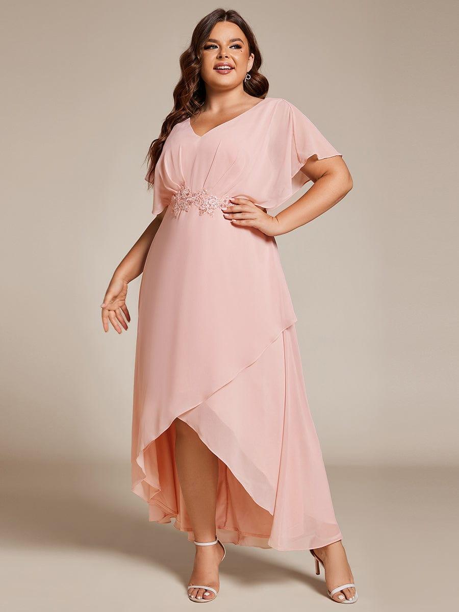 Elegant Short Sleeves A-Line Waist Applique Formal Dress with Lotus Leaf Hem #color_Pink