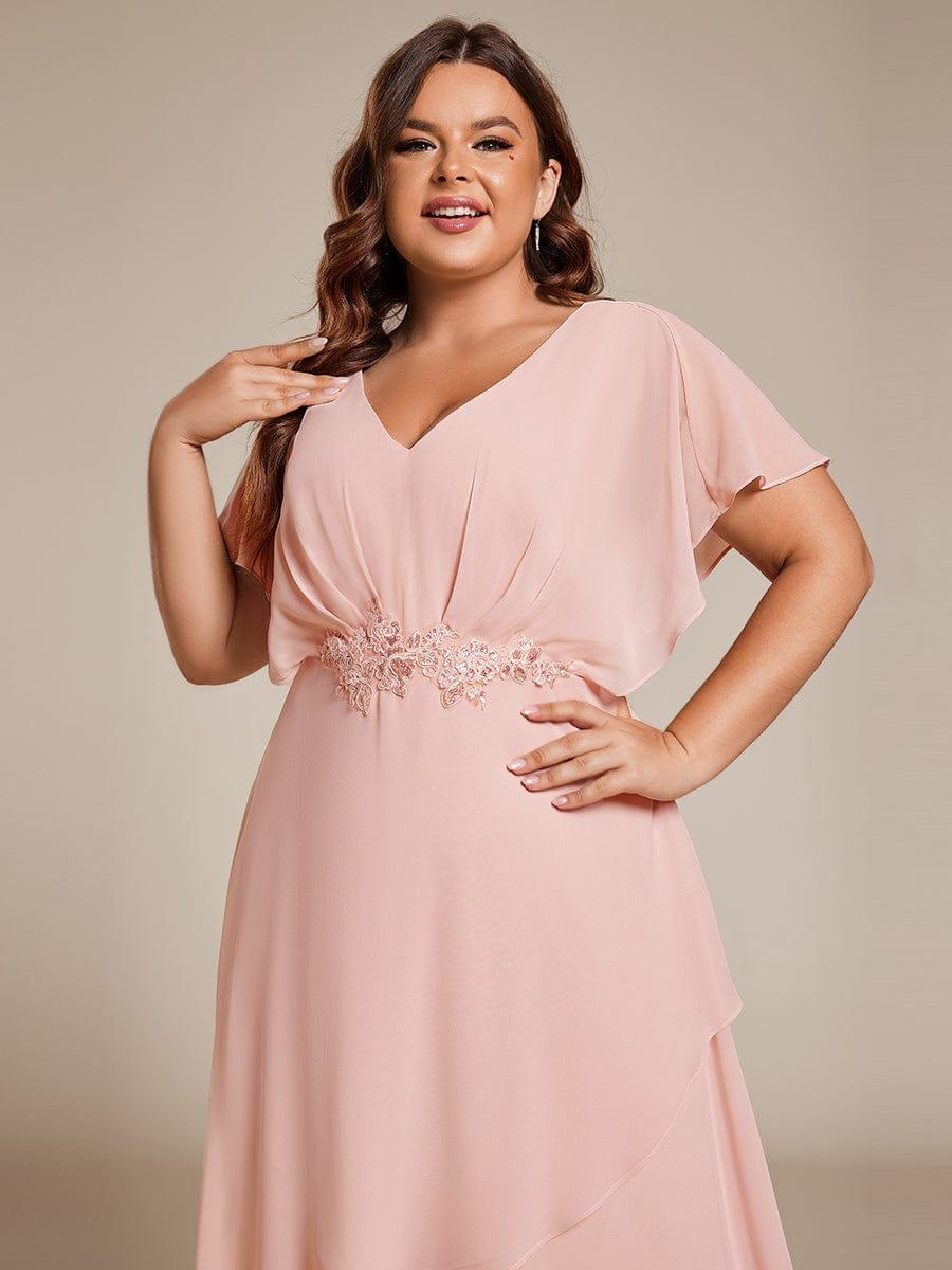 Plus Size Chiffon Midi A-Line Ruffle Sleeves Bridesmaid Dress #color_Pink