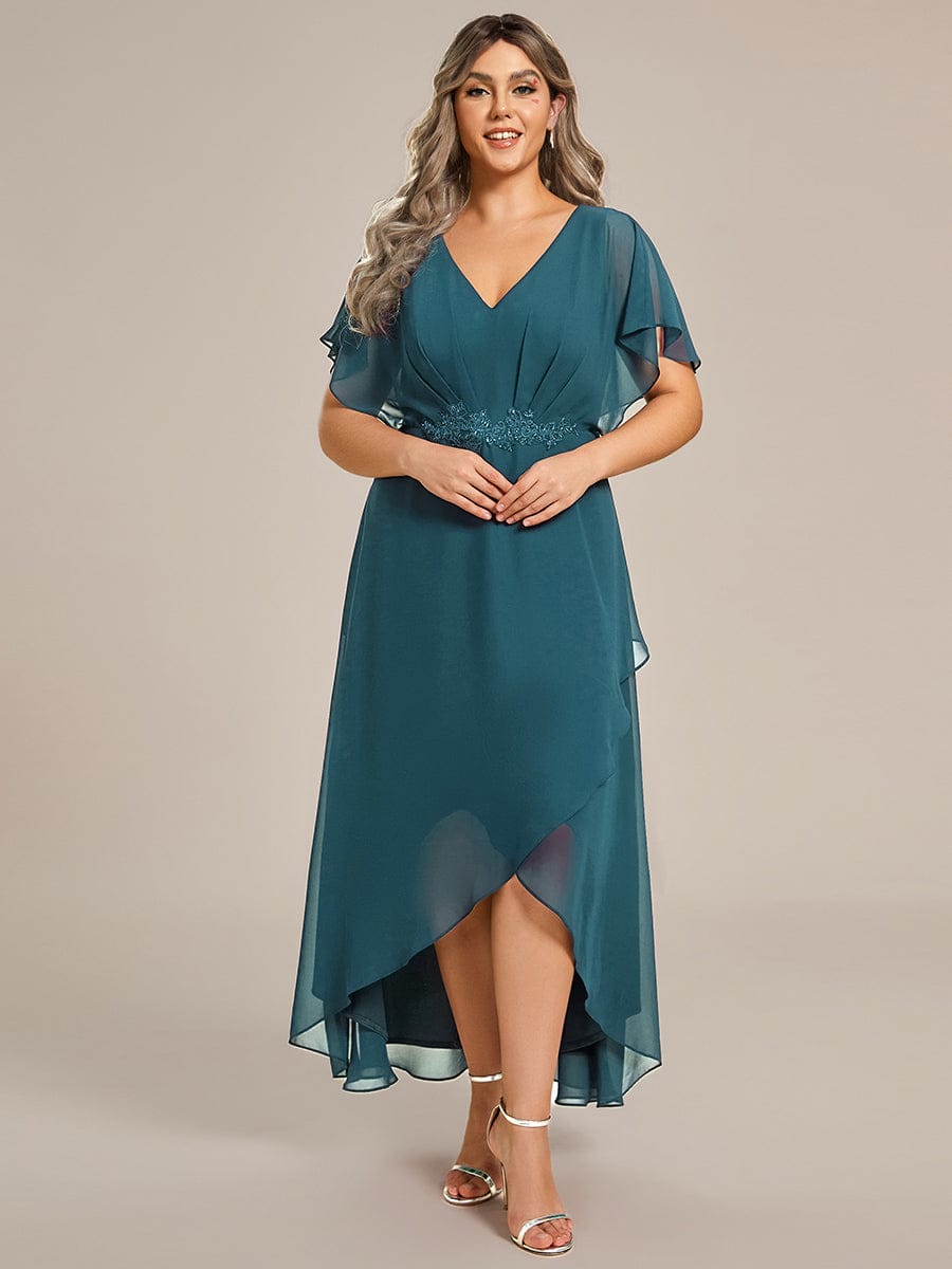 Plus Size V-Neck Chiffon Bat-Wing Sleeve A-Line Waist Applique Formal Dress #color_Teal