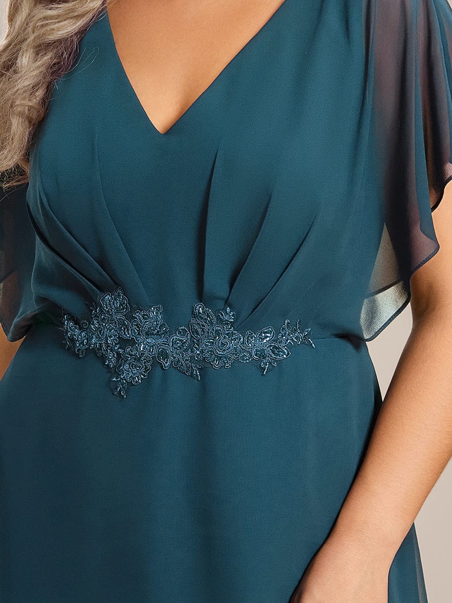 Elegant Short Sleeves A-Line Waist Applique Formal Dress with Lotus Leaf Hem #color_Teal