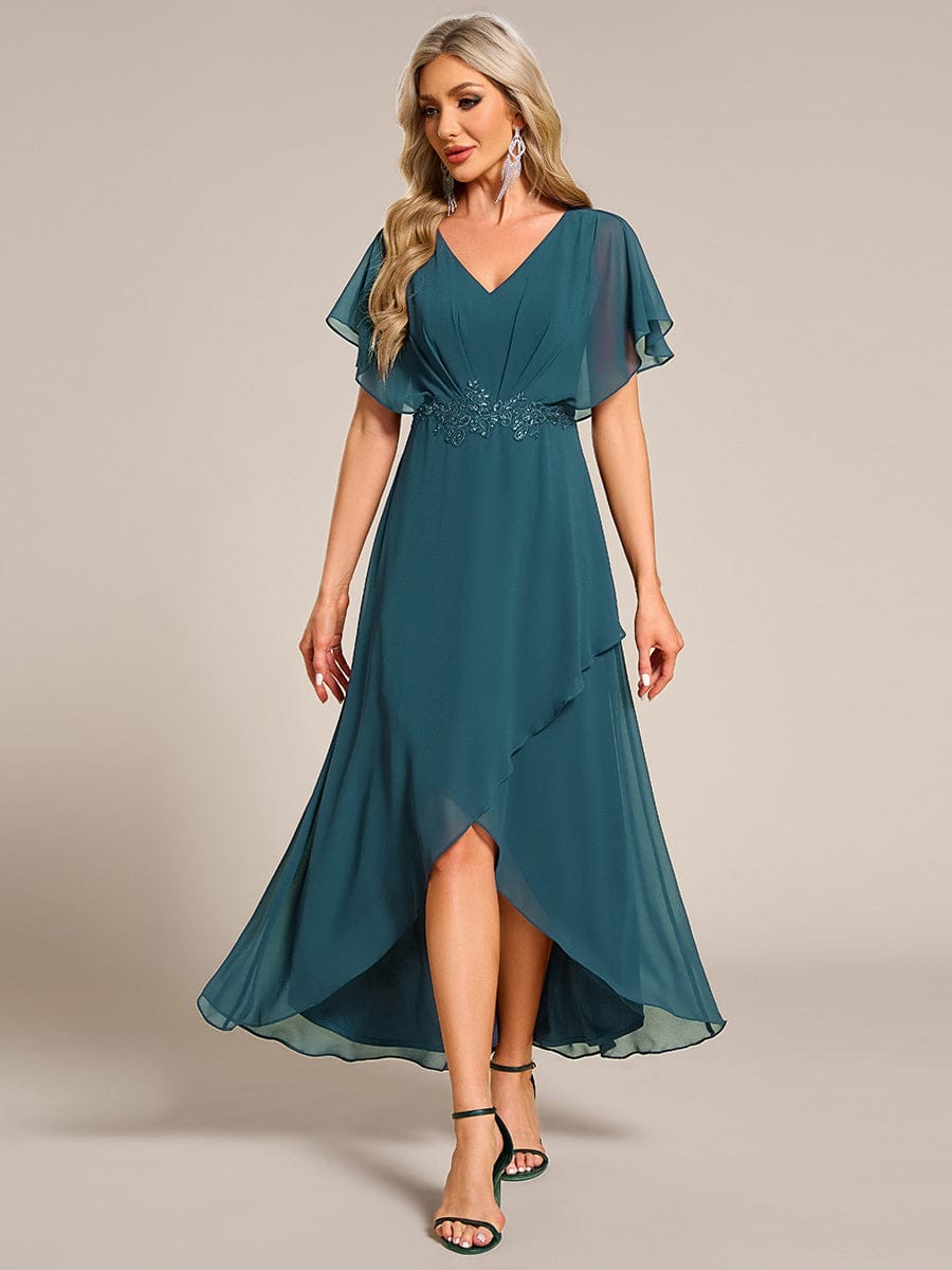 Plus Size V-Neck Chiffon Bat-Wing Sleeve A-Line Waist Applique Formal Dress #color_Teal
