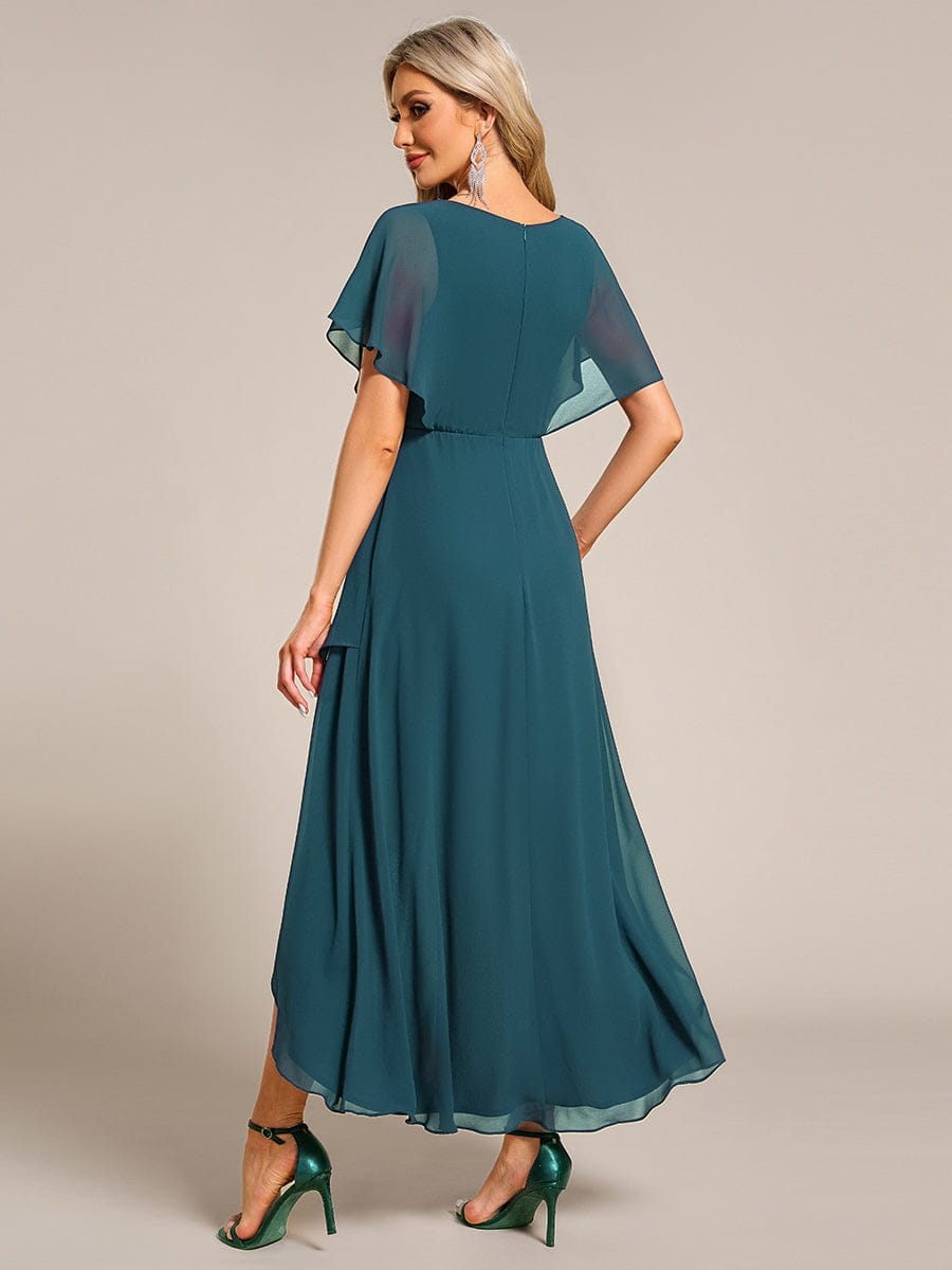 Plus Size V-Neck Chiffon Bat-Wing Sleeve A-Line Waist Applique Formal Dress #color_Teal