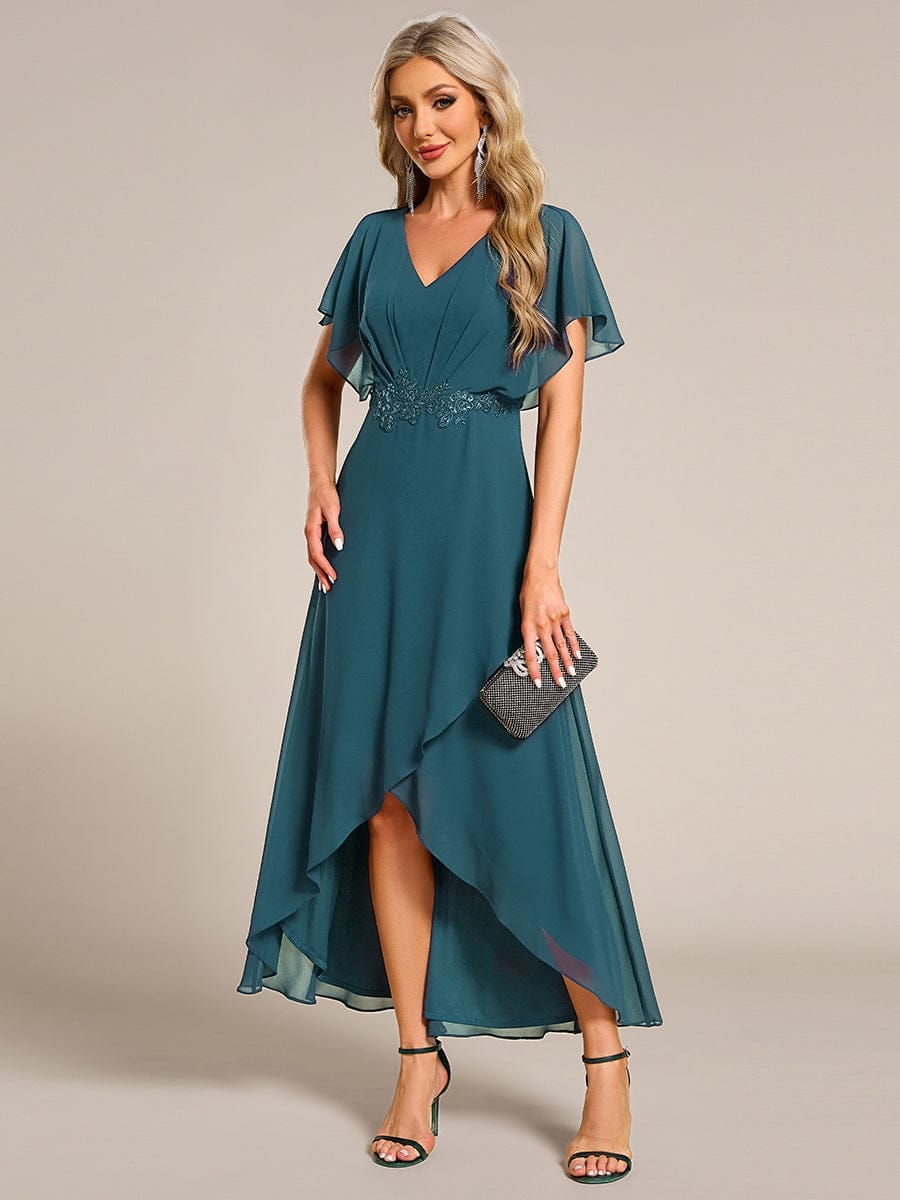 Plus Size V-Neck Chiffon Bat-Wing Sleeve A-Line Waist Applique Formal Dress #color_Teal