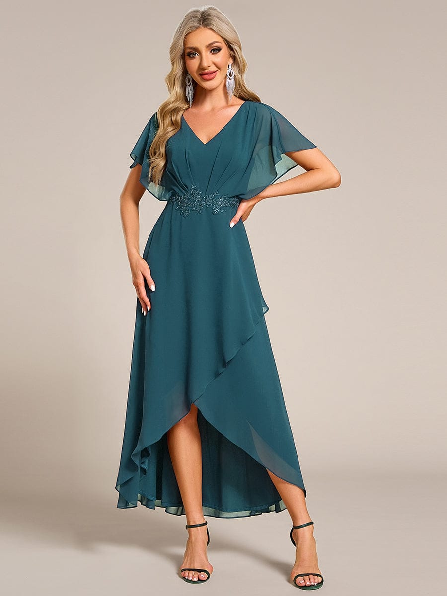 Plus Size V-Neck Chiffon Bat-Wing Sleeve A-Line Waist Applique Formal Dress #color_Teal