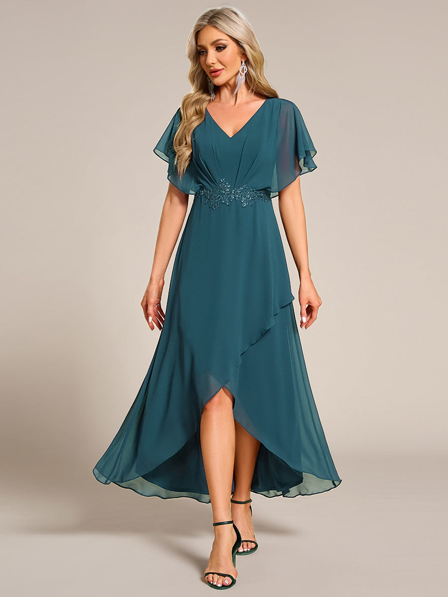 Elegant Short Sleeves A-Line Waist Applique Formal Dress with Lotus Leaf Hem #color_Teal