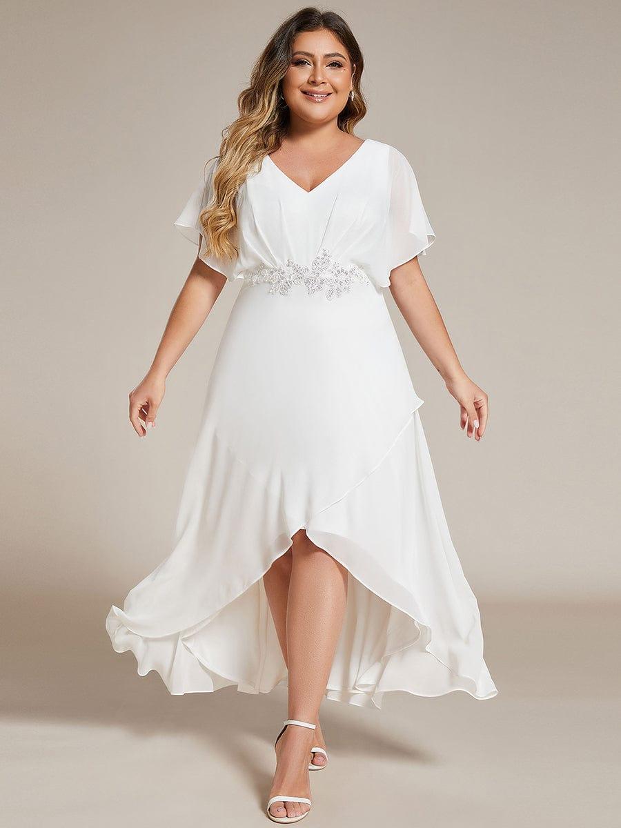 Elegant Short Sleeves A-Line Waist Applique Formal Dress with Lotus Leaf Hem #color_White