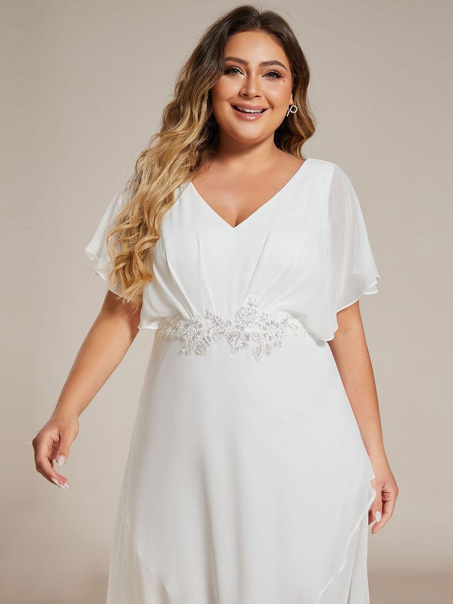 Elegant Short Sleeves A-Line Waist Applique Formal Dress with Lotus Leaf Hem #color_White