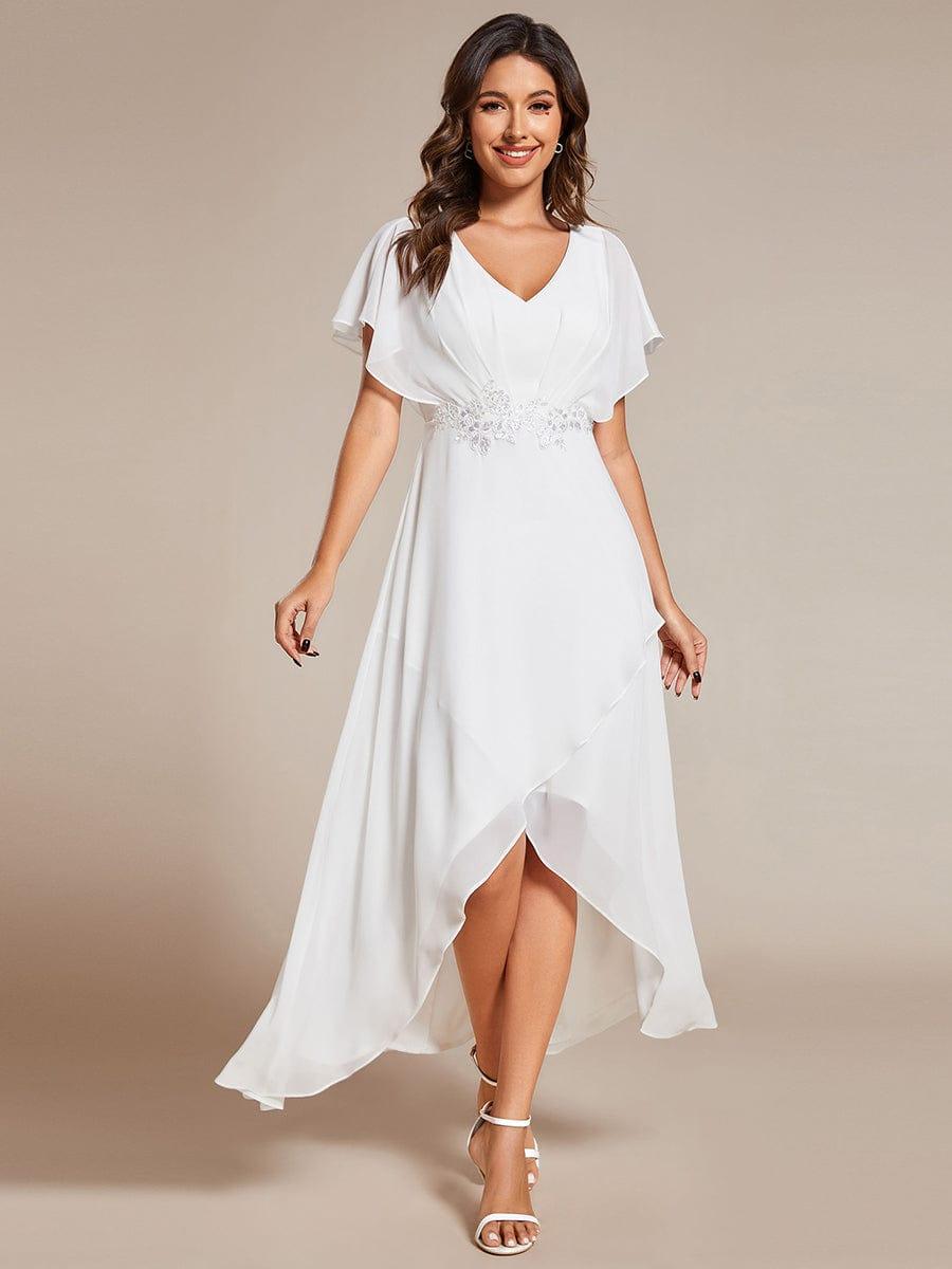 Elegant Short Sleeves A-Line Waist Applique Formal Dress with Lotus Leaf Hem #color_White