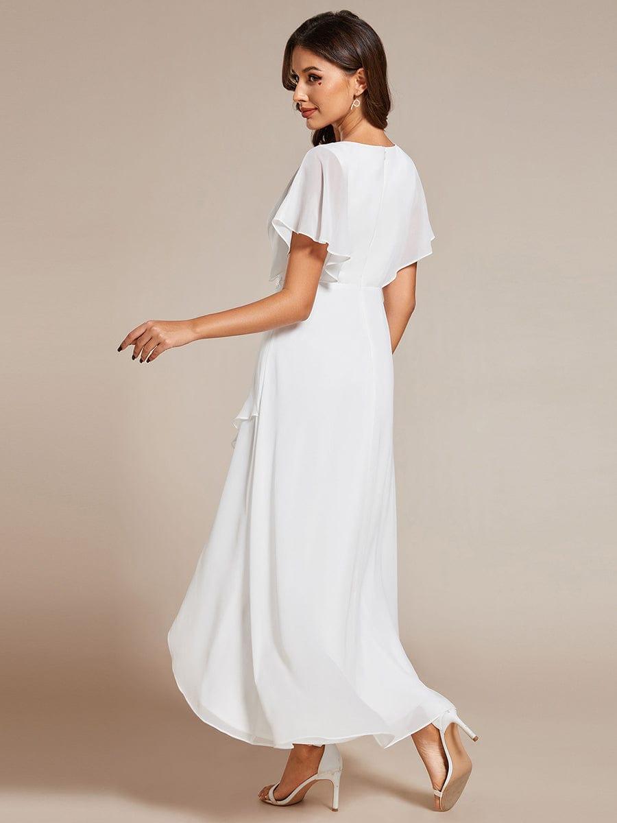 Elegant Short Sleeves A-Line Waist Applique Formal Dress with Lotus Leaf Hem #color_White