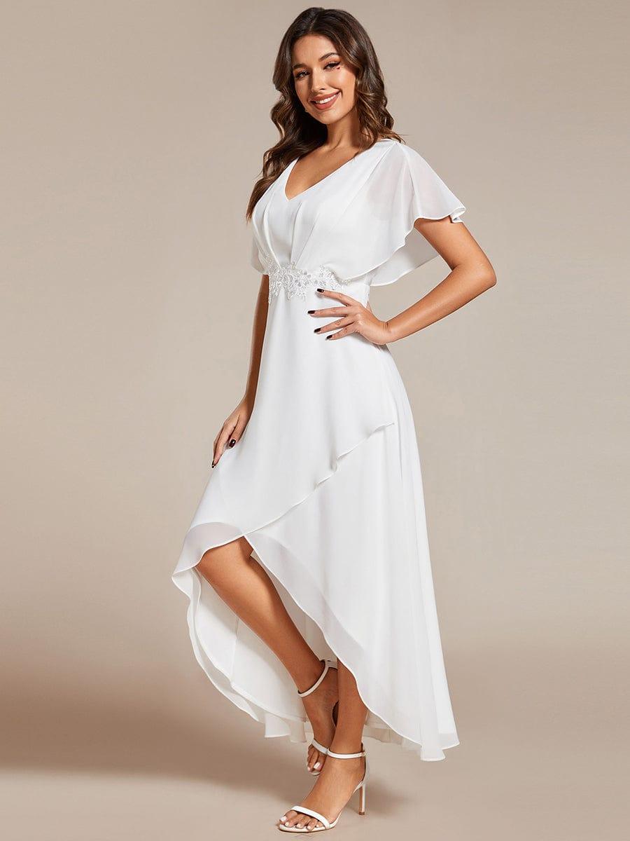 Elegant Short Sleeves A-Line Waist Applique Formal Dress with Lotus Leaf Hem #color_White