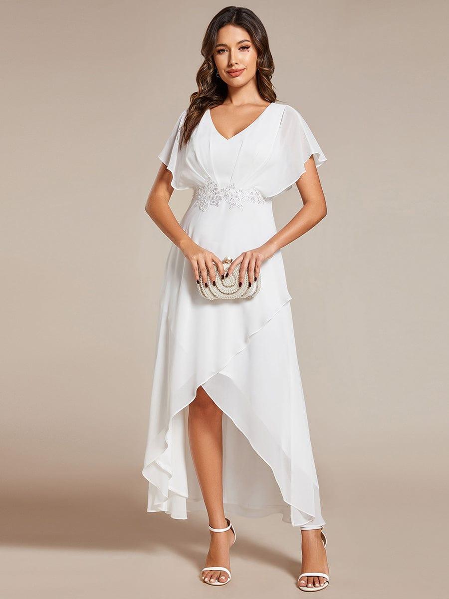 Elegant Short Sleeves A-Line Waist Applique Formal Dress with Lotus Leaf Hem #color_White