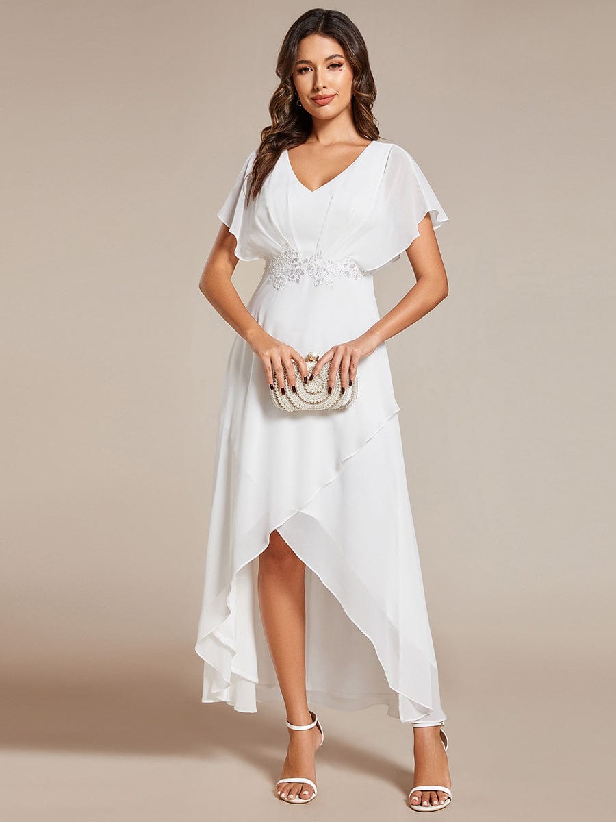Plus Size V-Neck Chiffon Bat-Wing Sleeve A-Line Waist Applique Formal Dress #color_White