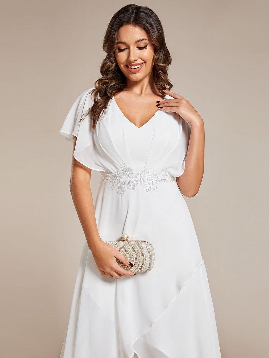 Elegant Short Sleeves A-Line Waist Applique Formal Dress with Lotus Leaf Hem #color_White