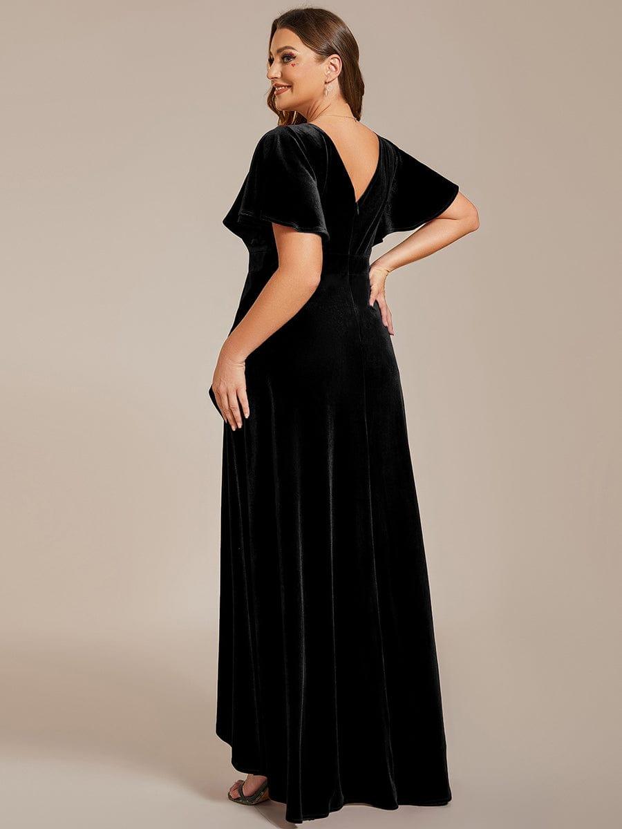 Double V-Neck Short Sleeves Stretchy Velvet Evening Dress with Lotus Leaf Hem #color_Black