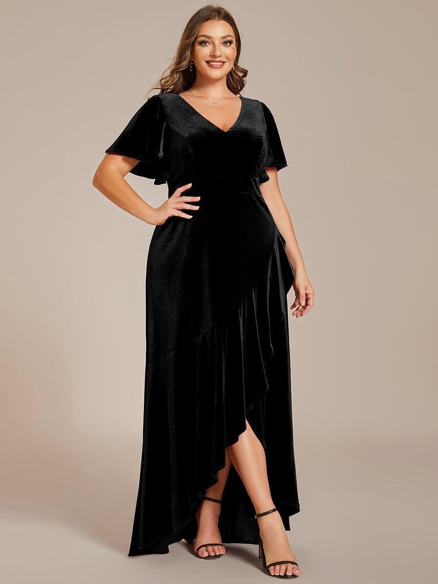 Plus Size Lotus Leaf Hem A-Line V-Neck Ruffles Sleeve Velvet Evening Dress #color_Black
