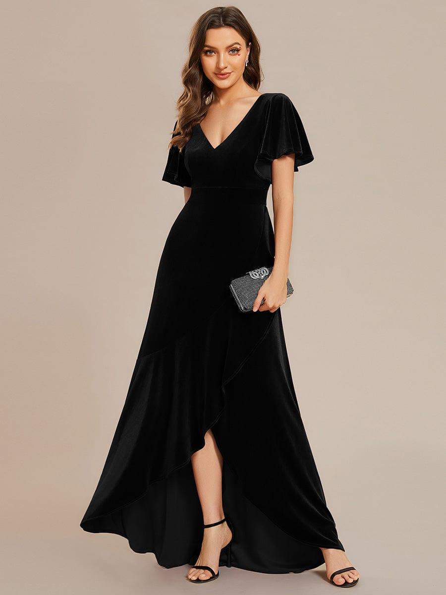Double V-Neck Short Sleeves Stretchy Velvet Evening Dress with Lotus Leaf Hem #color_Black