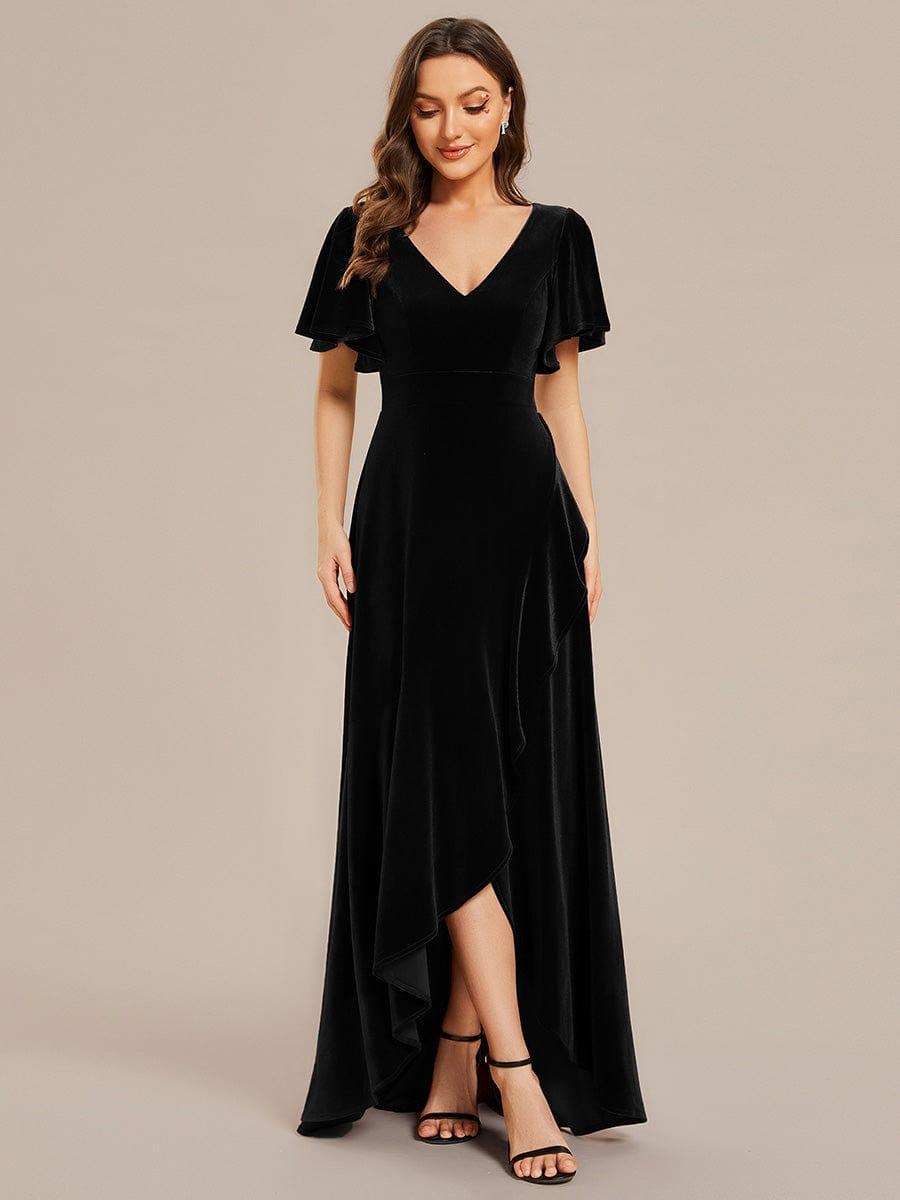 Double V-Neck Short Sleeves Stretchy Velvet Evening Dress with Lotus Leaf Hem #color_Black
